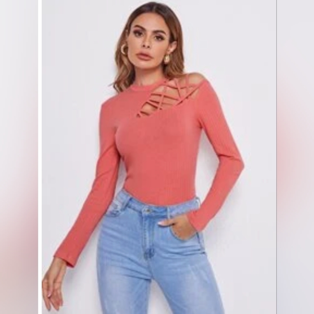 NWOT Coral Strappy long sleeve rib knit top